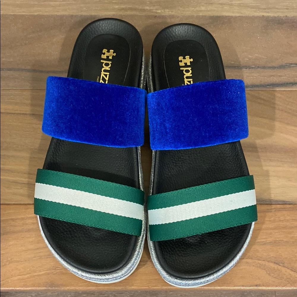 Puzzle Blue Velvet and Green Stripe Slides